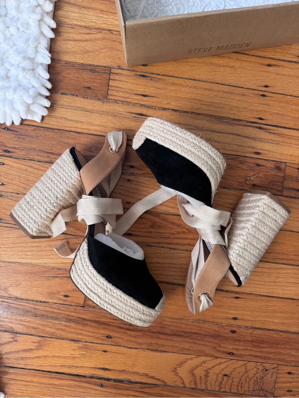 Steve Madden Black and Tan Espadrille Platform Heels with Ankle Ties